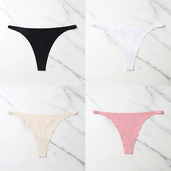 Lote com 4 peças de calcinhas sensuais sem costura, roupa íntima feminina, com cordão de seda gelo, cintura fina, tanga feminina, lisa, tanga feminina, costas nuas