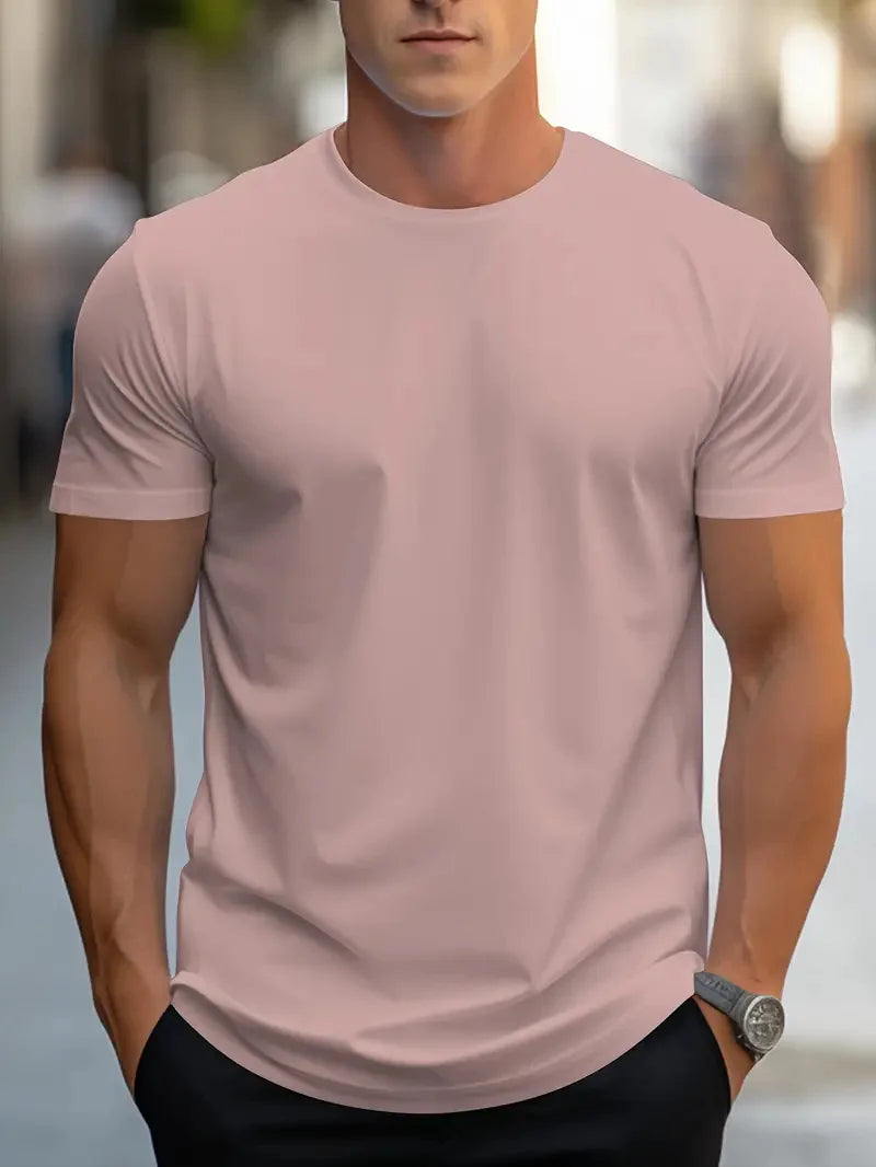 Moda masculina simples cor sólida estampada manga curta verão tops moda de rua gola redonda camiseta masculina solta