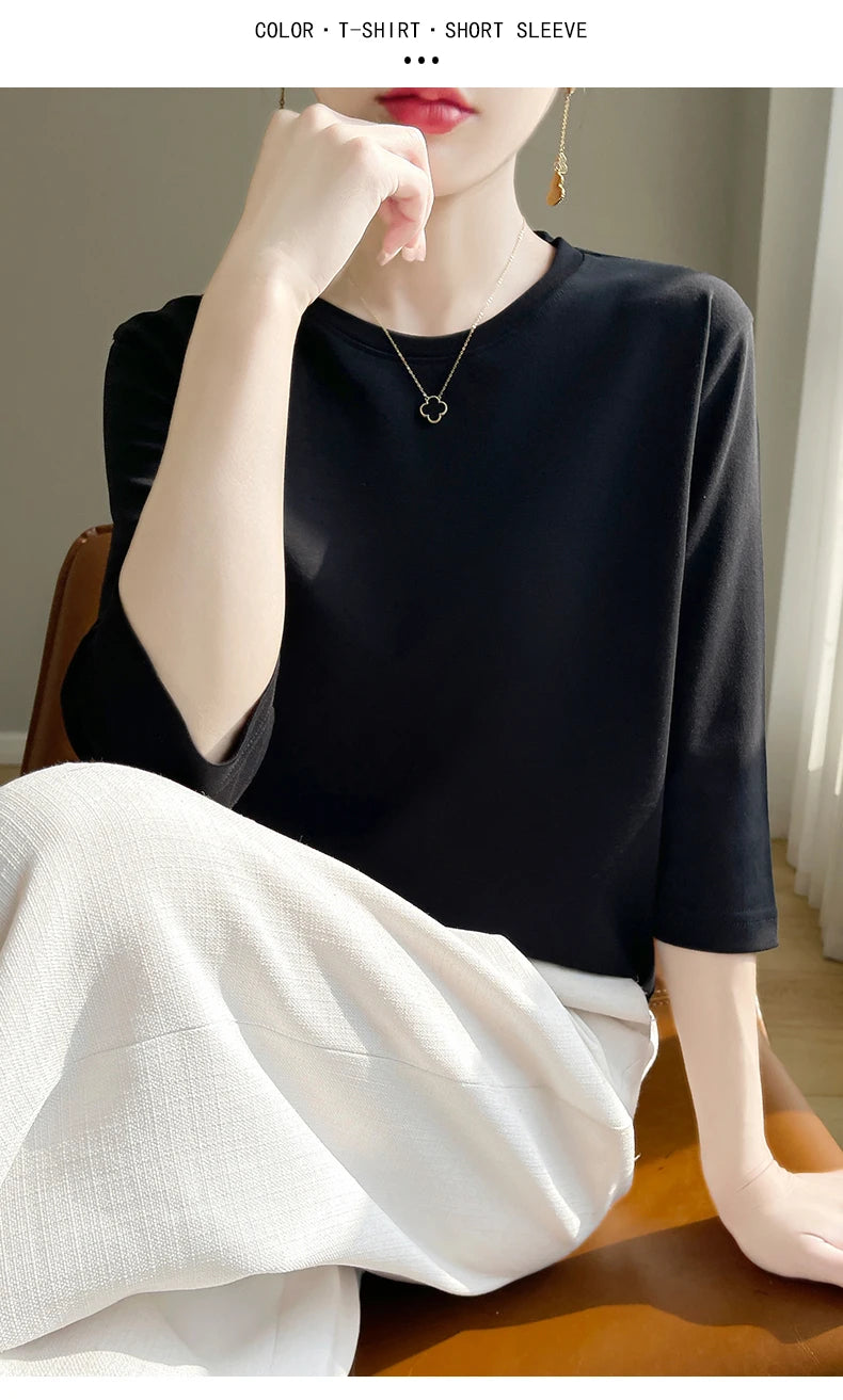 Camiseta feminina de manga curta de algodão mercerizado branco, nova primavera e verão, coringa, algodão, manga curta, camisa