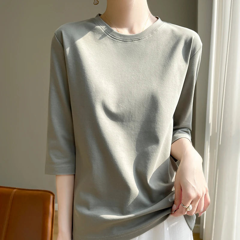 Camiseta feminina de manga curta de algodão mercerizado branco, nova primavera e verão, coringa, algodão, manga curta, camisa