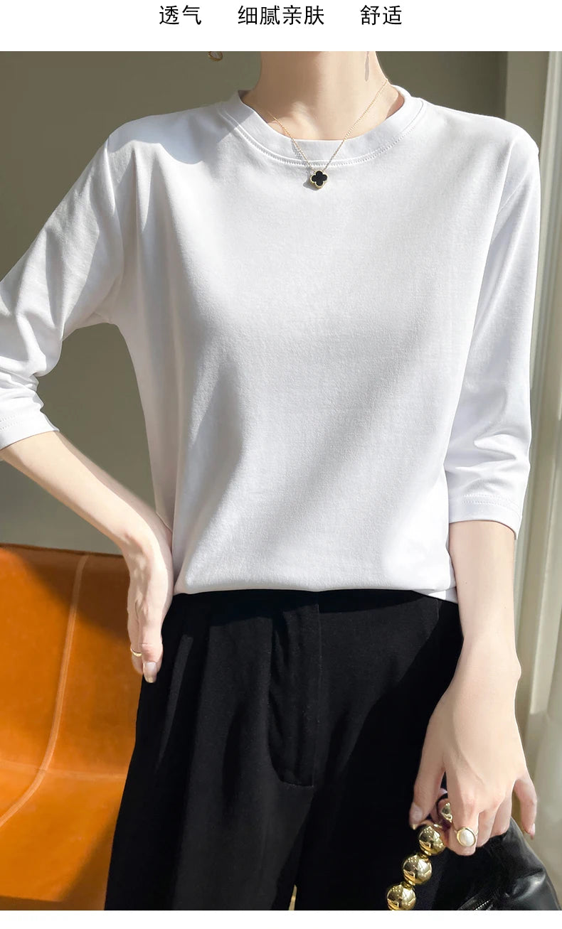 Camiseta feminina de manga curta de algodão mercerizado branco, nova primavera e verão, coringa, algodão, manga curta, camisa