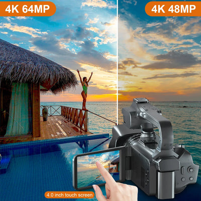 Câmera de vídeo profissional 6K para fotografia, zoom digital de 18x, visão noturna, câmera de vlog, webcam de transmissão ao vivo com WiFi de 64 MP