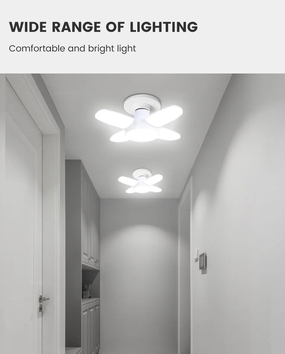 Lâmpada LED dobrável E27 de 28 W com ventilador AC220 V/110 V, 40 lâmpadas de deformação para iluminação de teto residencial, armazém e garagem, luz branca, lâmpada 6500 K