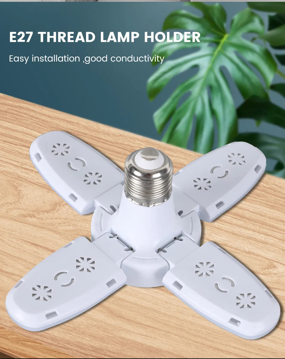 Lâmpada LED dobrável E27 de 28 W com ventilador AC220 V/110 V, 40 lâmpadas de deformação para iluminação de teto residencial, armazém e garagem, luz branca, lâmpada 6500 K