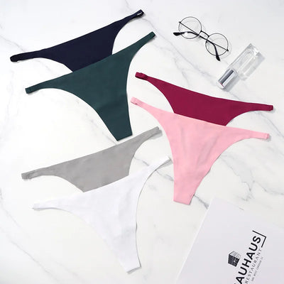 Lote com 4 peças de calcinhas sensuais sem costura, roupa íntima feminina, com cordão de seda gelo, cintura fina, tanga feminina, lisa, tanga feminina, costas nuas