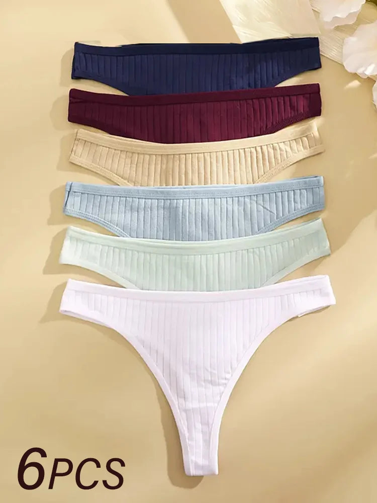 Conjunto de 6 peças de calcinhas femininas de algodão, fio dental, cintura baixa, biquíni sexy feminino, 7 cores sólidas, macias para meninas, tamanho S-XL
