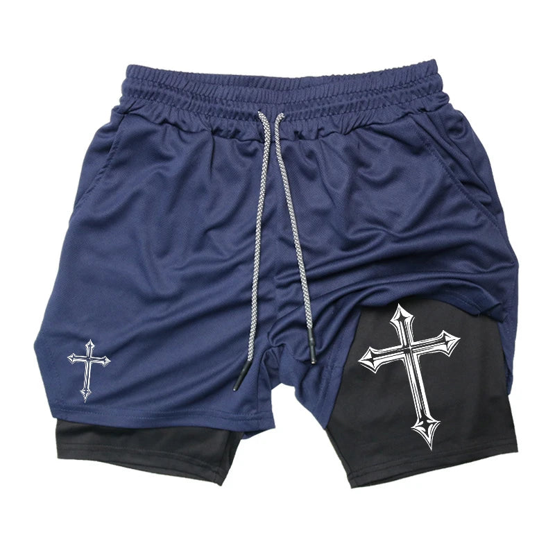 Shorts de corrida 2 em 1 com estampa cruzada para homens, shorts esportivos de academia cristã com forro de compressão, bolso para celular e toalha G
