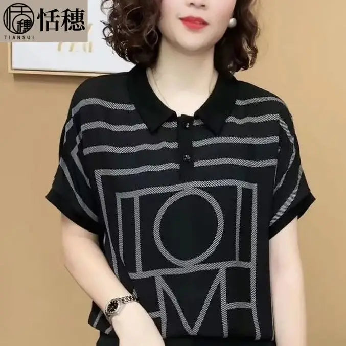 Camiseta feminina de verão, estampa de escritório, gola polo, manga curta, casual, solta, fina, para combinar