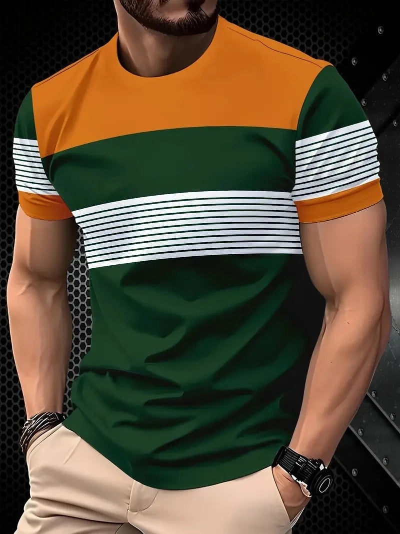 Camiseta masculina para atividades ao ar livre, moda verão, casual, gola redonda, manga curta, listrada, estilo estampado, tamanho asiático, roupa masculina, camiseta