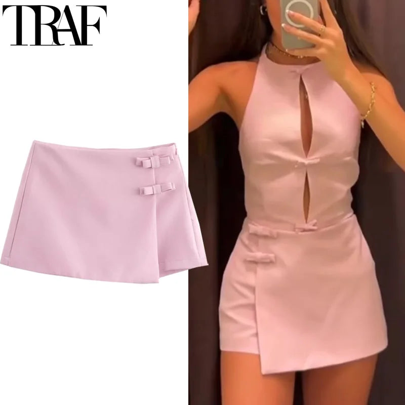 TRAF Saia-calça curta feminina com laço rosa, cintura alta, mini saia branca, moda verão, feminina, streetwear, culottes assimétricas