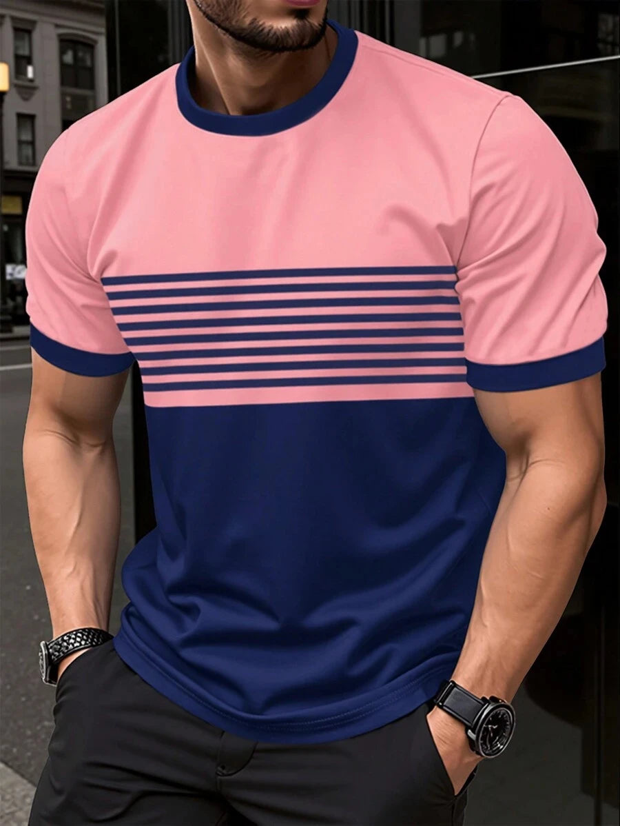 Camiseta masculina para atividades ao ar livre, moda verão, casual, gola redonda, manga curta, listrada, estilo estampado, tamanho asiático, roupa masculina, camiseta