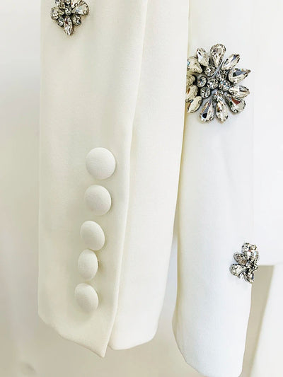 Conjunto de terno de grife da moda 2024 da High Street, luxuoso, com strass, diamantes, contas, blazer, calça flare, 2 peças