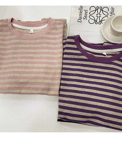 Camisetas listradas de manga curta de verão, versáteis, femininas, de malha, básicas, casuais, camisetas femininas, confortáveis, soltas, de algodão, 2023, camisa Harajuku