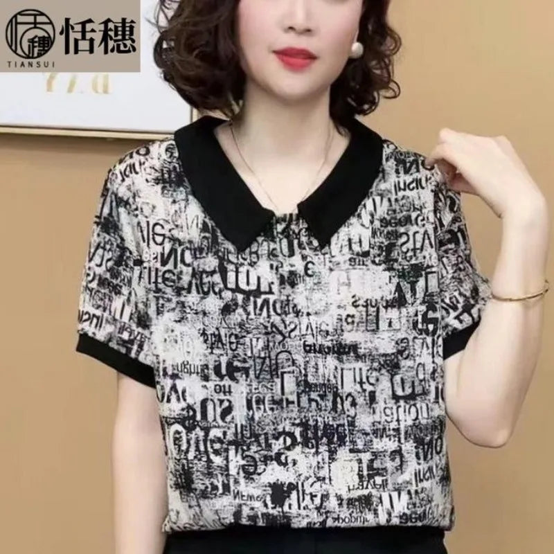 Camiseta feminina de verão, estampa de escritório, gola polo, manga curta, casual, solta, fina, para combinar
