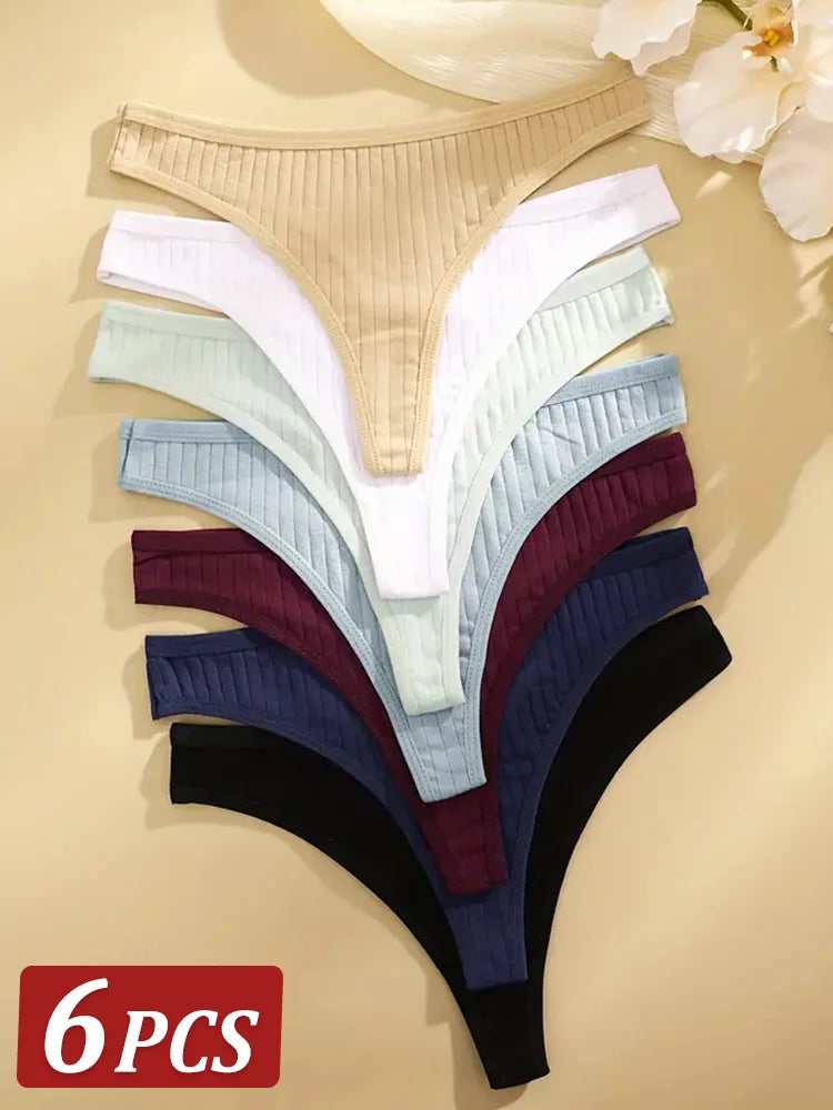 Conjunto de 6 peças de calcinhas femininas de algodão, fio dental, cintura baixa, biquíni sexy feminino, 7 cores sólidas, macias para meninas, tamanho S-XL