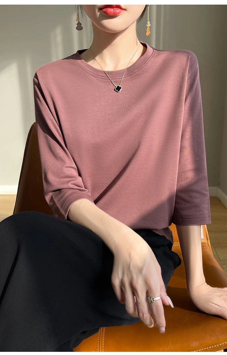 Camiseta feminina de manga curta de algodão mercerizado branco, nova primavera e verão, coringa, algodão, manga curta, camisa