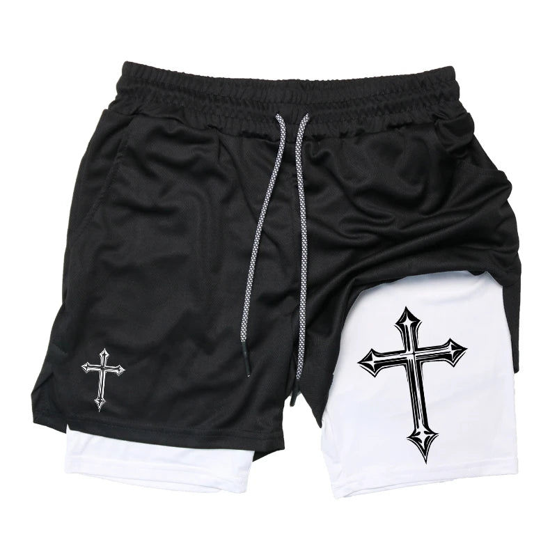 Shorts de corrida 2 em 1 com estampa cruzada para homens, shorts esportivos de academia cristã com forro de compressão, bolso para celular e toalha G