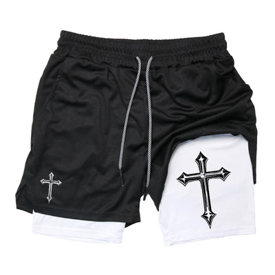 Shorts de corrida 2 em 1 com estampa cruzada para homens, shorts esportivos de academia cristã com forro de compressão, bolso para celular e toalha G
