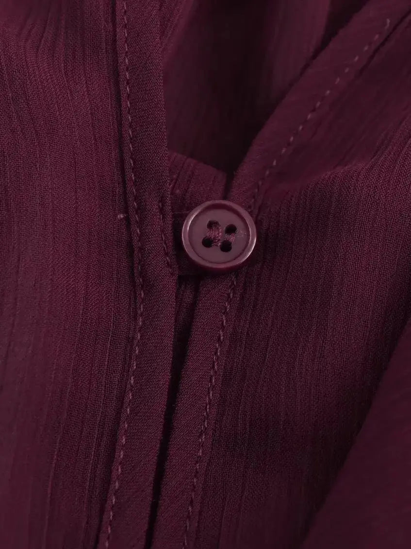 Camisas femininas elegantes, soltas, de manga comprida, em camadas, para escritório, vintage, com decote em V, translúcidas, com babados em camadas, verão 2025