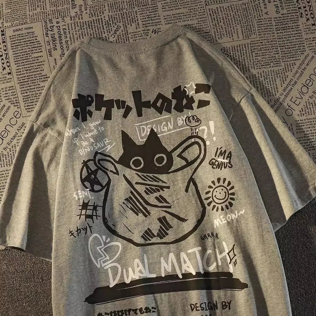 Camiseta de manga curta estampada com desenho de gato retrô japonês de verão, masculina e feminina, para casais, estilo universitário, top grande