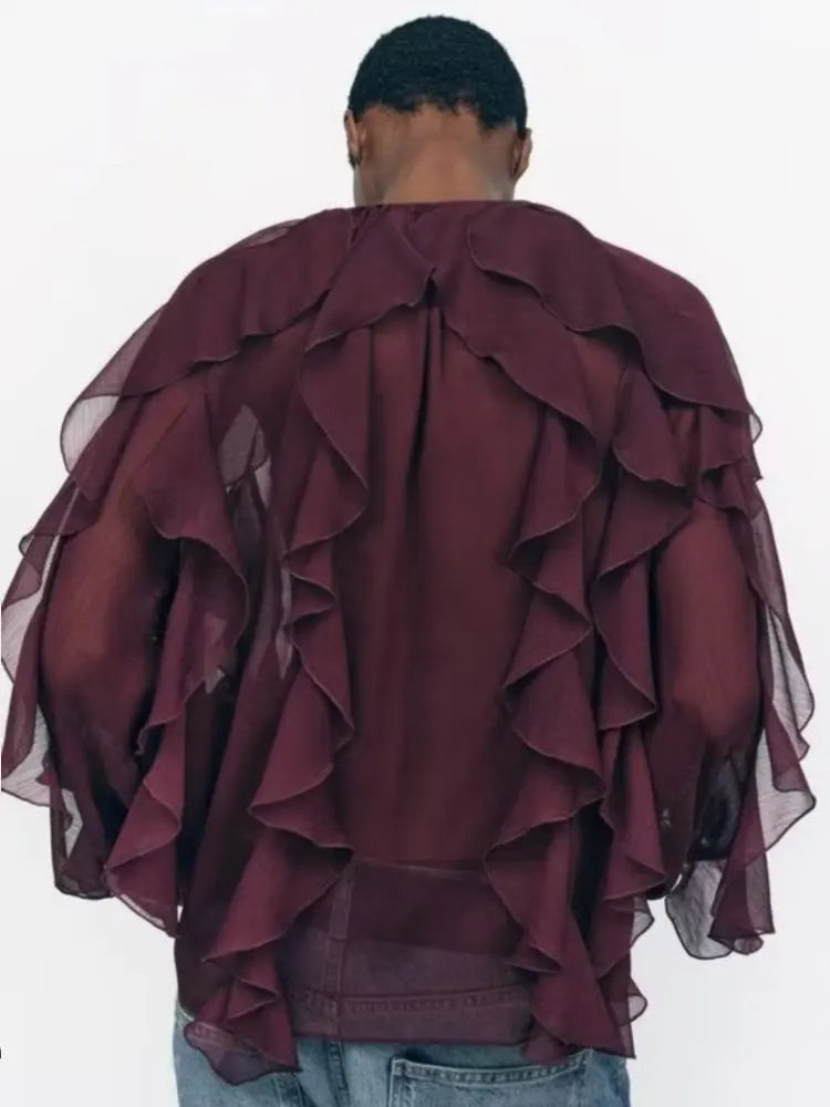 Camisas femininas elegantes, soltas, de manga comprida, em camadas, para escritório, vintage, com decote em V, translúcidas, com babados em camadas, verão 2025