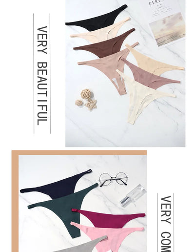 Lote com 4 peças de calcinhas sensuais sem costura, roupa íntima feminina, com cordão de seda gelo, cintura fina, tanga feminina, lisa, tanga feminina, costas nuas