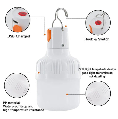 Lâmpadas LED recarregáveis USB para áreas externas, alto brilho, luz de emergência, conexão para acampamento, pesca, lanterna portátil, luz noturna