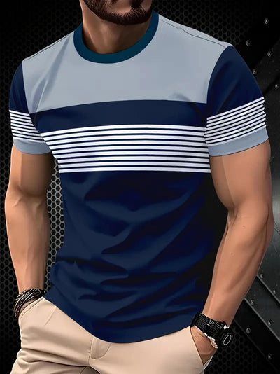 Camiseta masculina para atividades ao ar livre, moda verão, casual, gola redonda, manga curta, listrada, estilo estampado, tamanho asiático, roupa masculina, camiseta