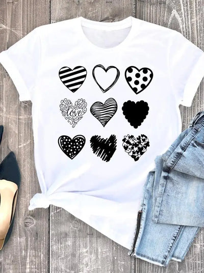 Roupas de verão leopardo amor coração doce moda feminina camisetas casuais manga curta regular camiseta feminina gráfica roupas