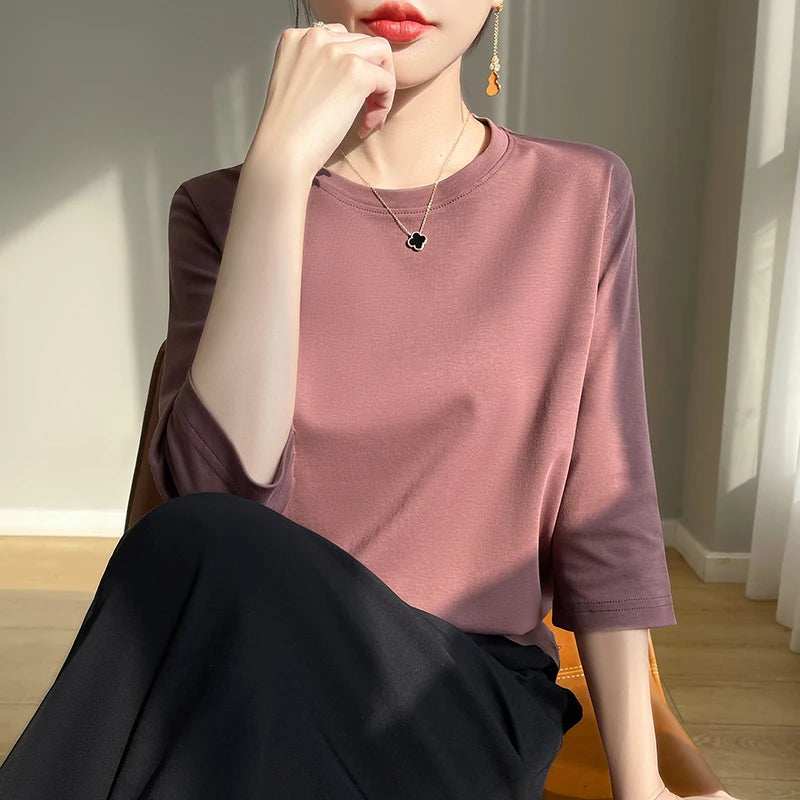 Camiseta feminina de manga curta de algodão mercerizado branco, nova primavera e verão, coringa, algodão, manga curta, camisa