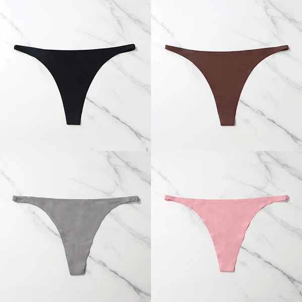 Lote com 4 peças de calcinhas sensuais sem costura, roupa íntima feminina, com cordão de seda gelo, cintura fina, tanga feminina, lisa, tanga feminina, costas nuas