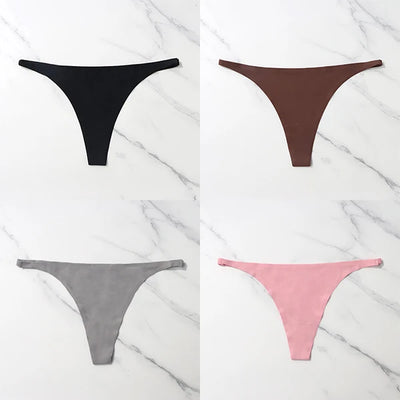 Lote com 4 peças de calcinhas sensuais sem costura, roupa íntima feminina, com cordão de seda gelo, cintura fina, tanga feminina, lisa, tanga feminina, costas nuas