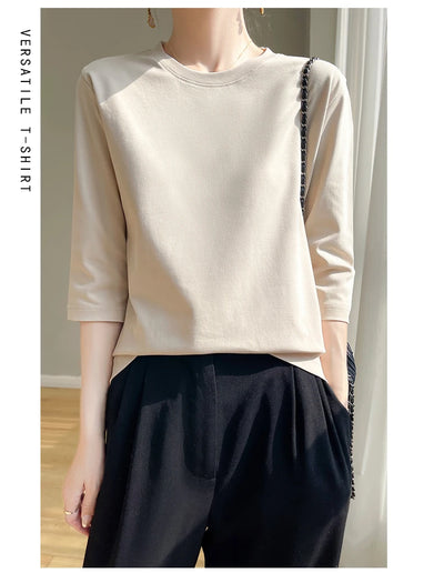 Camiseta feminina de manga curta de algodão mercerizado branco, nova primavera e verão, coringa, algodão, manga curta, camisa