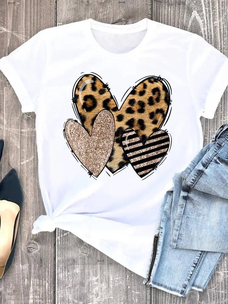 Roupas de verão leopardo amor coração doce moda feminina camisetas casuais manga curta regular camiseta feminina gráfica roupas