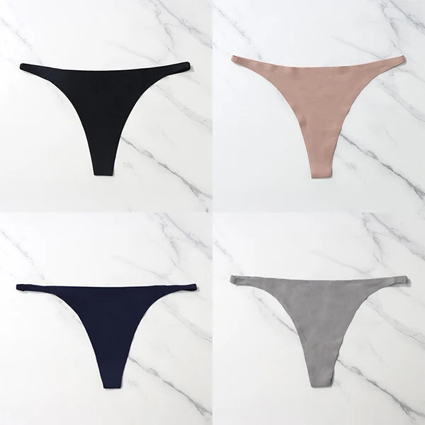 Lote com 4 peças de calcinhas sensuais sem costura, roupa íntima feminina, com cordão de seda gelo, cintura fina, tanga feminina, lisa, tanga feminina, costas nuas