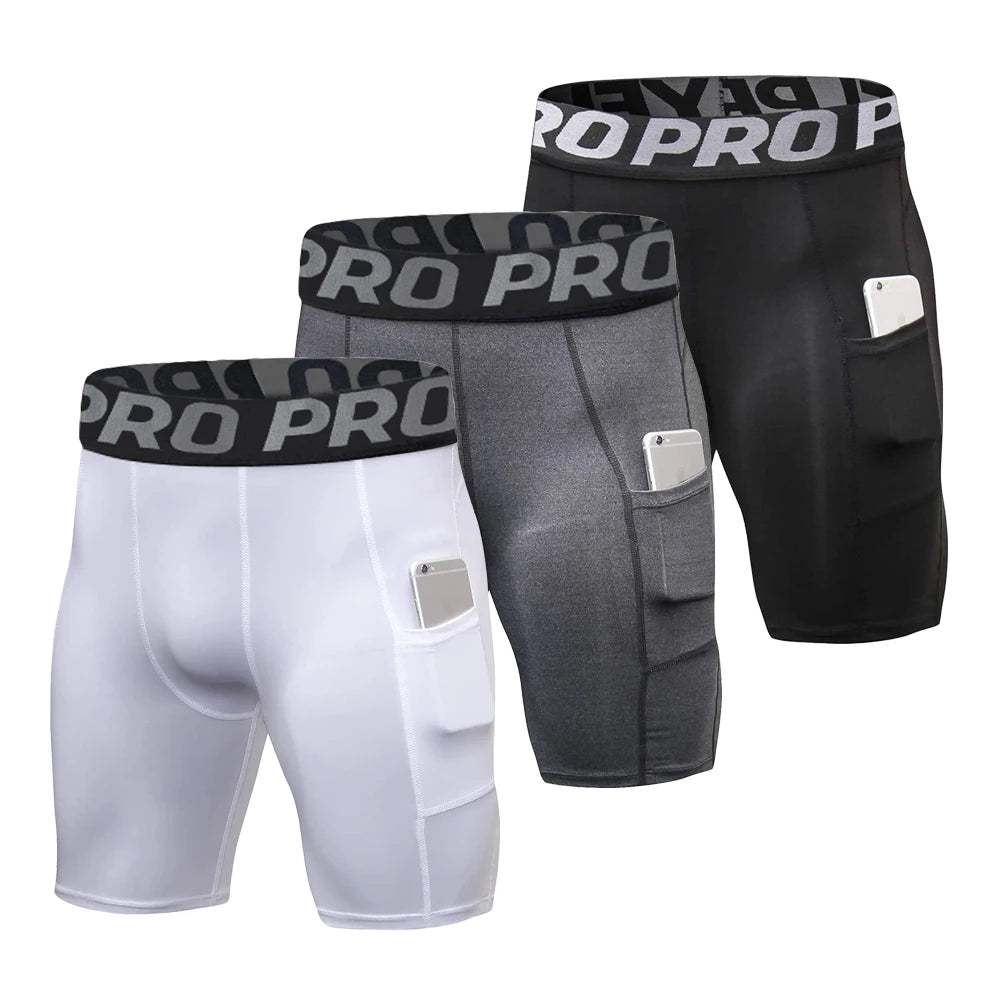 Shorts de ginástica masculino com bolsos, leggings de compressão para treino, cuecas boxer de poliéster para corrida, basquete, meia-calça esportiva