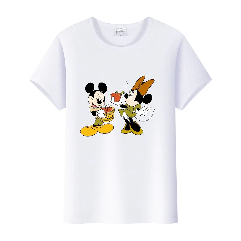 Camisetas fofas de desenho animado da Disney, Mickey Mouse, estampa de leopardo, Minnie, camiseta feminina, verão, branca, manga curta, gola redonda, tops masculinos
