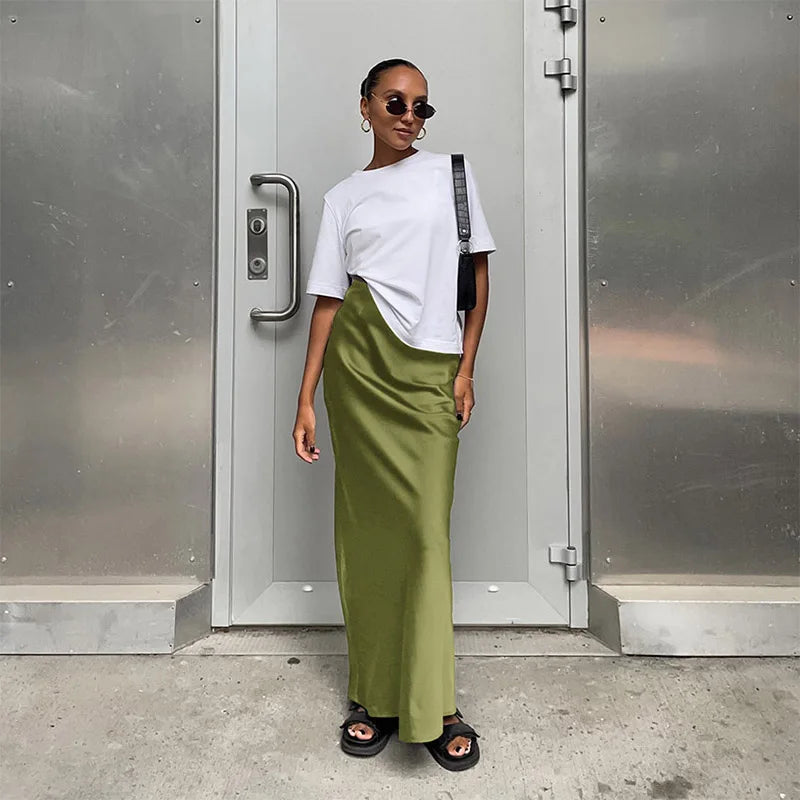 Saias elegantes de cetim preto trompete moda saias finas de cintura alta femininas sólidas escritório saia longa primavera verão