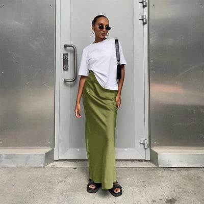 Saias elegantes de cetim preto trompete moda saias finas de cintura alta femininas sólidas escritório saia longa primavera verão