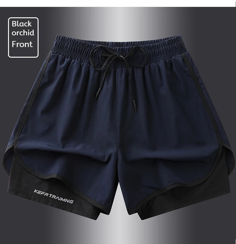 Shorts esportivos casuais anti-exposição de camada dupla masculinos, mais vendidos no verão, para corrida, fitness, calças três quartos