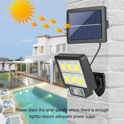 Luz solar dividida 106LED para áreas externas, à prova d'água, com sensor de movimento, holofote com controle remoto, 3 modos para pátio, garagem e quintal