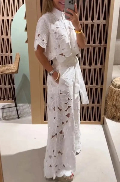 Conjunto de 2 peças de camisa de lapela sexy com abotoamento simples e calças de perna larga, moda feminina, cor sólida, elegante, casual, terno feminino