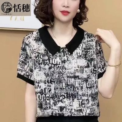 Camiseta feminina de verão, estampa de escritório, gola polo, manga curta, casual, solta, fina, para combinar