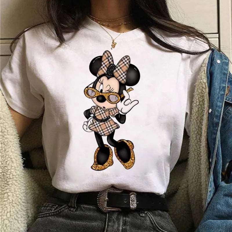 Camisetas fofas de desenho animado da Disney, Mickey Mouse, estampa de leopardo, Minnie, camiseta feminina, verão, branca, manga curta, gola redonda, tops masculinos