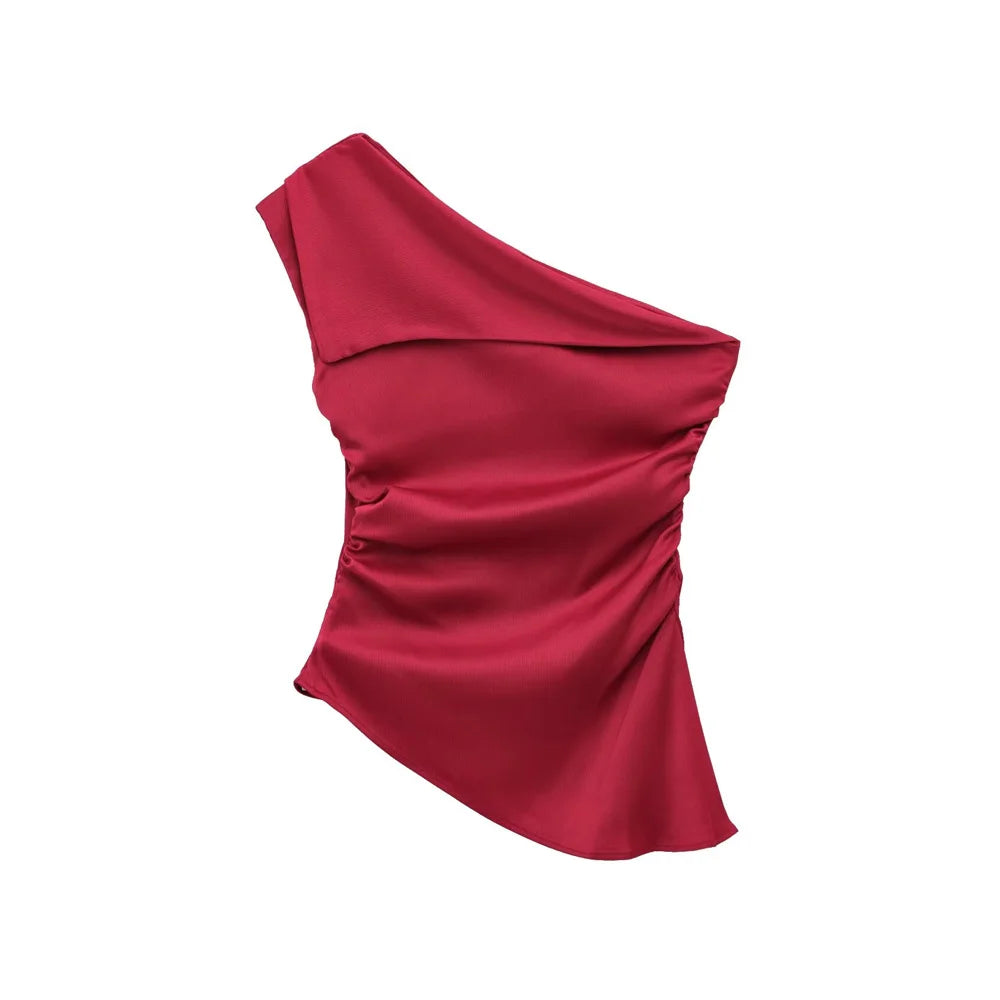 Blusa feminina assimétrica drapeada TRZA, um ombro, zíper lateral, moda chique, camisa feminina