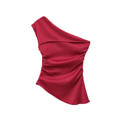 Blusa feminina assimétrica drapeada TRZA, um ombro, zíper lateral, moda chique, camisa feminina