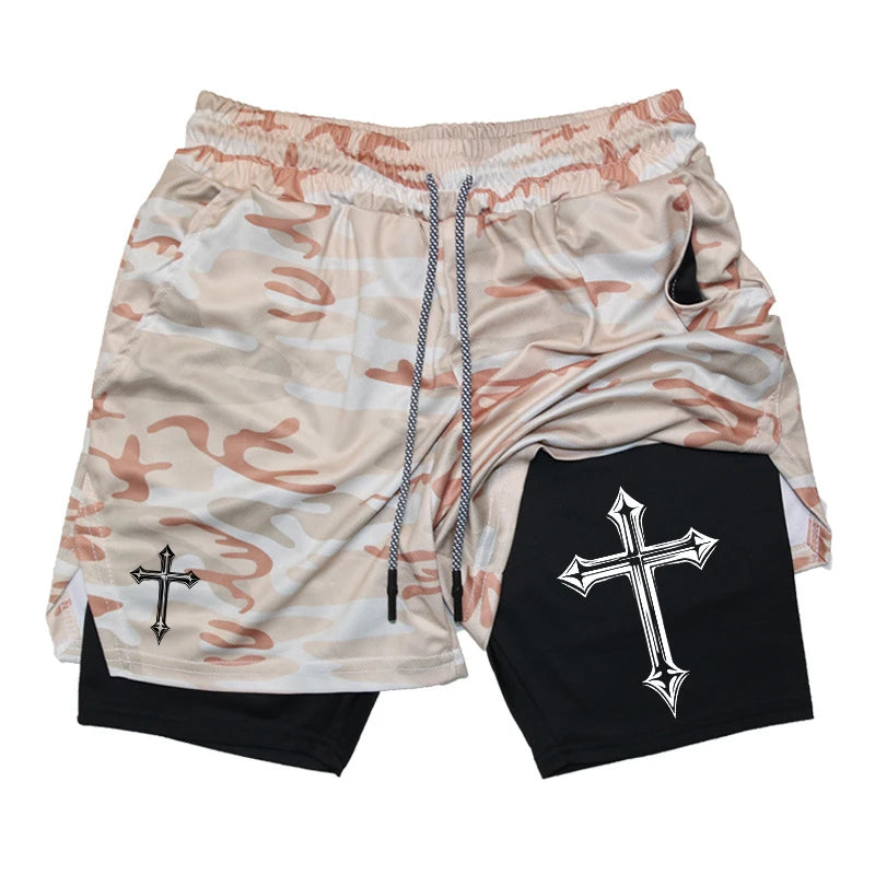 Shorts de corrida 2 em 1 com estampa cruzada para homens, shorts esportivos de academia cristã com forro de compressão, bolso para celular e toalha G