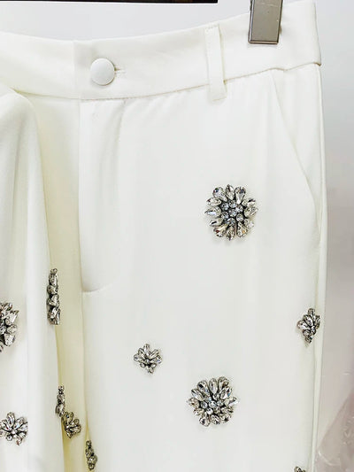 Conjunto de terno de grife da moda 2024 da High Street, luxuoso, com strass, diamantes, contas, blazer, calça flare, 2 peças