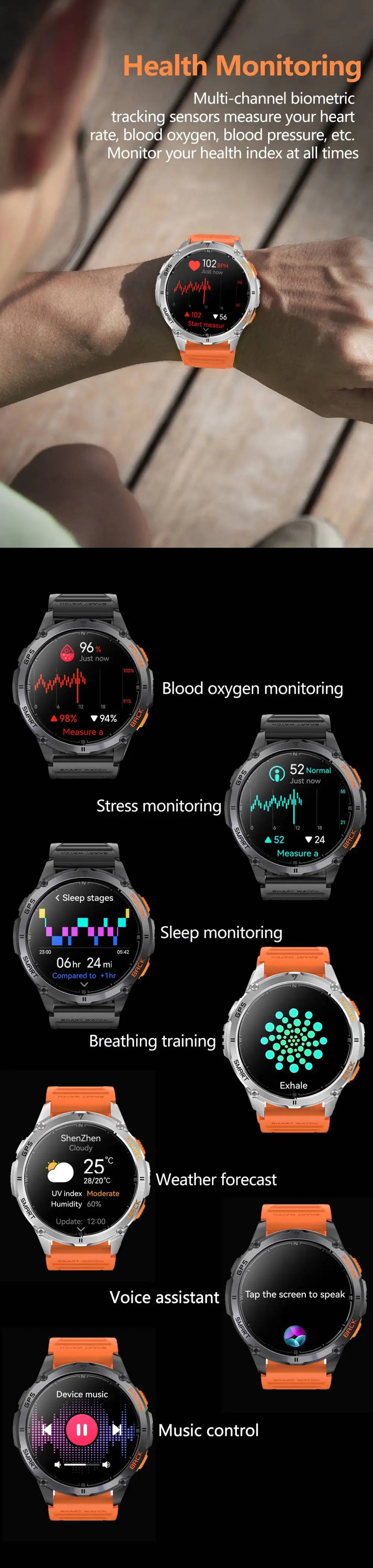 Relógio inteligente LIGE GPS premium, novo, altímetro, barômetro, tela AMOLED, GPS e bússola integrados, relógio inteligente esportivo militar masculino