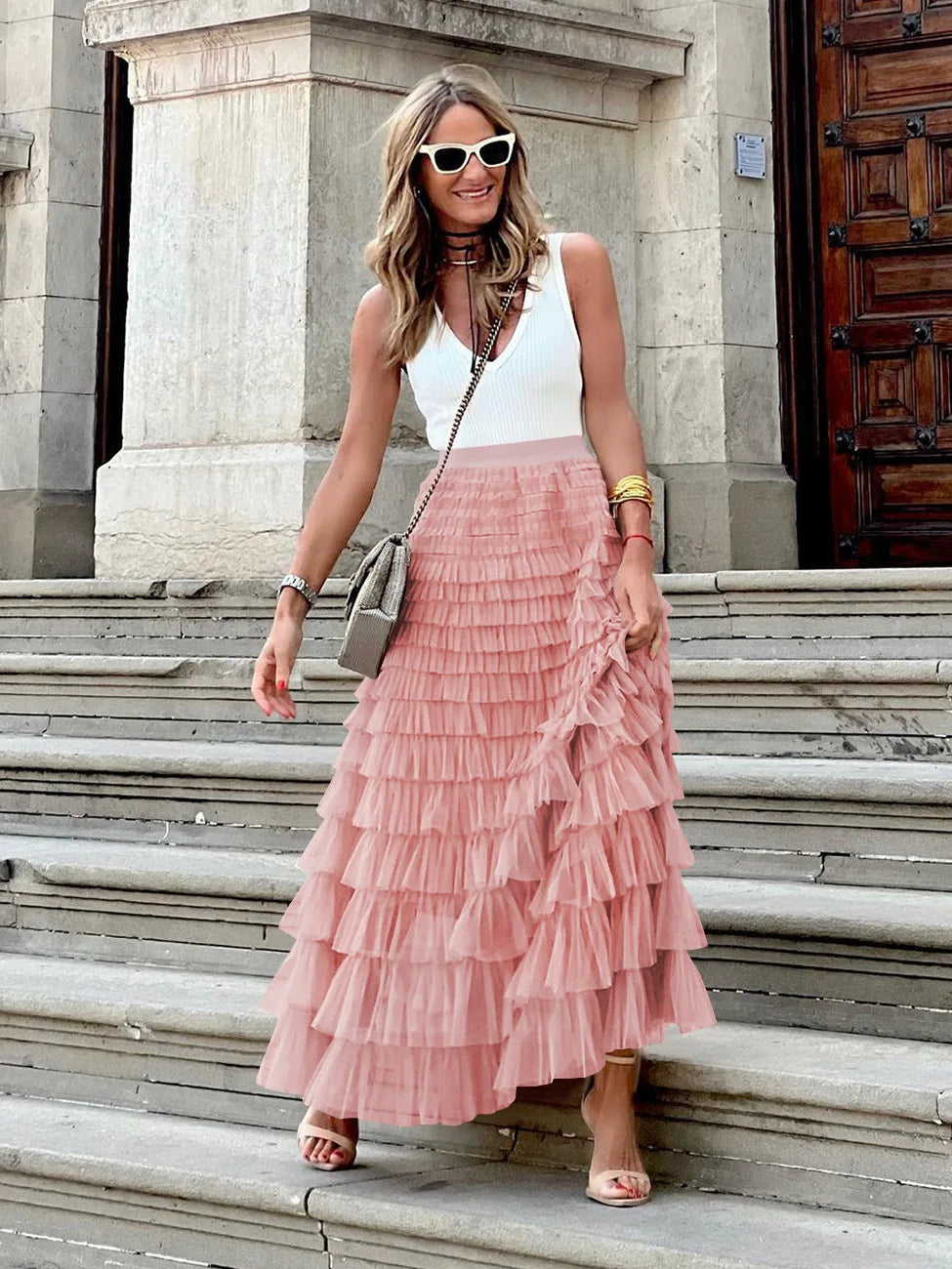 Saias casuais sólidas femininas em camadas, saia de tule com cintura alta, plissada, longa, tutu, elegantes, para mulheres, malha selvagem, saias longas para encontros